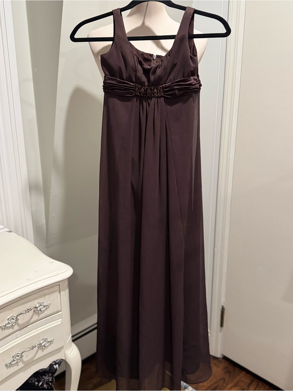David’s Bridal Girls Truffle Brown Beaded Empire Waist Formal Gown |  Size 8